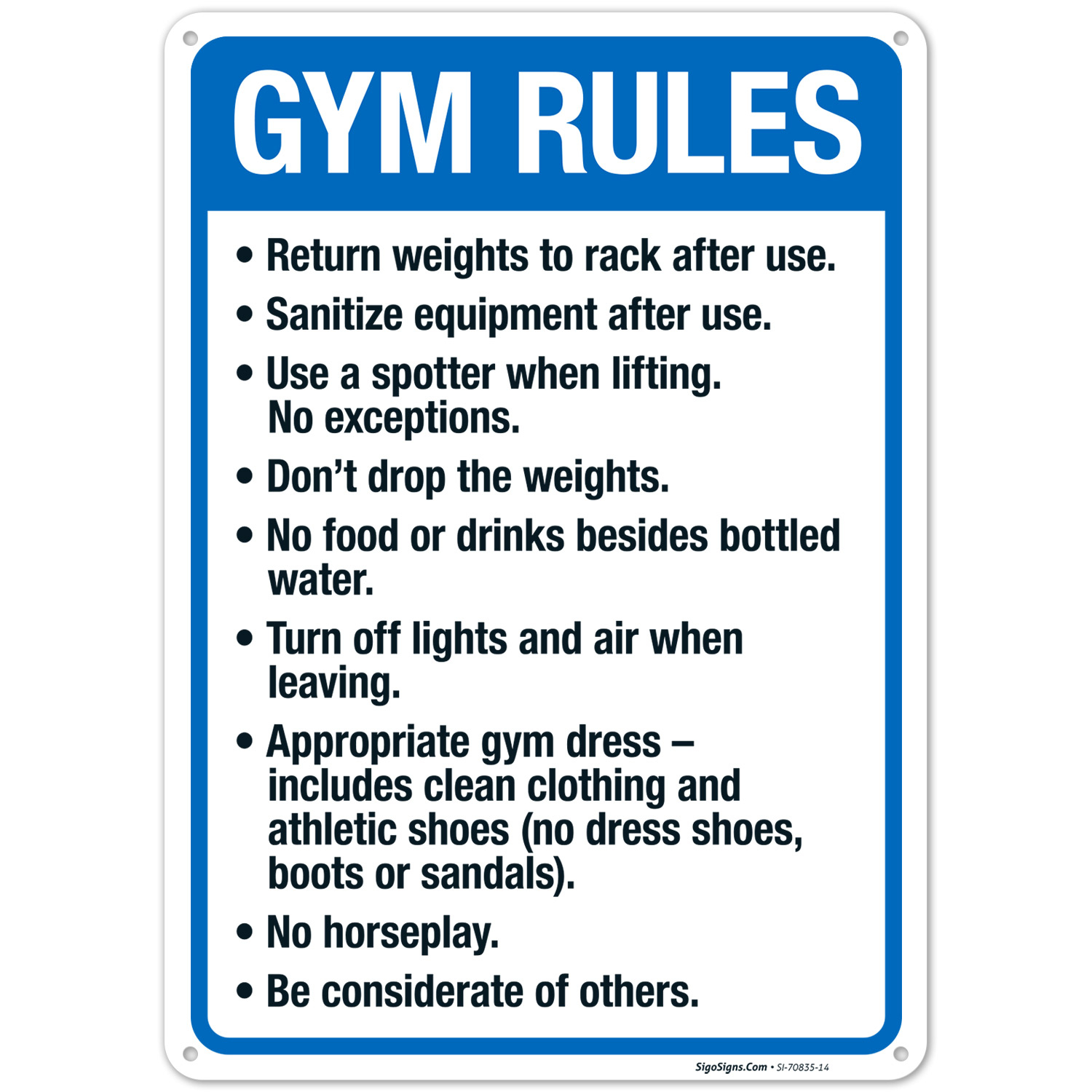 Fitness Sign | Gym Rules Return Weights to Rack After Use Sanitize Equipment After Use | 10 x 14 | .055′′ Polyethylene HDPE Plastic | Sigo Signs