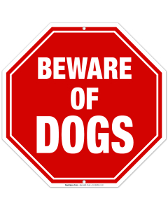 Beware of Dog Sign, Octagon Shape Red Background