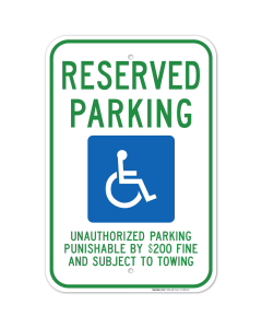 Tennessee Handicap Parking Sign, Reserved Parking Unauthorized Parking Punishable by $200 Fine Sign