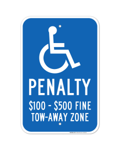 Virginia Handicap Parking Sign, Penalty $100 - $500 Fine Tow-Away Zone