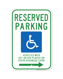 Wisconsin Handicap Parking Sign, Reserved Parking Vehicles Vet Plates Or State Disabled Card Right Arrow Sign