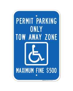 Georgia Handicap Parking Sign, Permit Parking Only Tow-Away Zone Maximum Fine $500 Sign