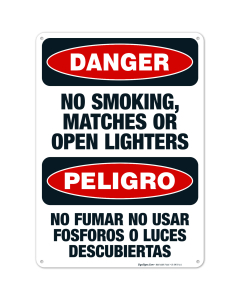 No Smoking, Matches Or Open Lighters Bilingual Sign, OSHA Danger Sign