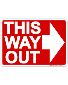 This Way Out With Right Arrow Sign, Red Background