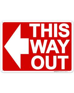 This Way Out With Left Arrow Sign, Red Background