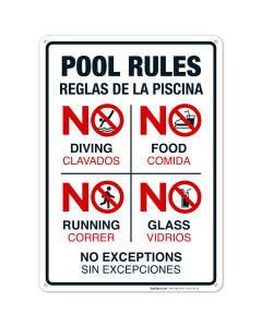 Bilingual Pool Rules Sign, No Diving No Running No Food No Glass