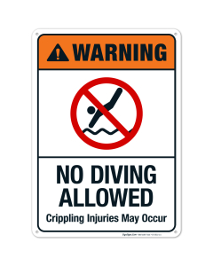 No Diving Allowed Crippling Injuries May Occur Sign, ANSI Warning Sign