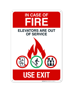 In Case Of Fire Elevators Are Out Of Service Use Exit Sign, Fire Safety Sign