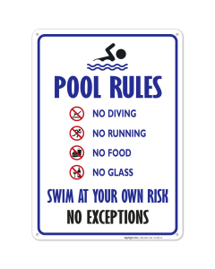 Pool Rules Sign, No Diving No Running No Food No Glass