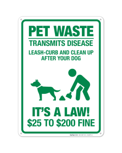 Pet Waste Leash-Curb And Clean Up After Your Dog Fine $25 To $200 Sign