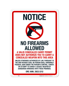 Ohio Notice No Firearms Allowed Unless Otherwise Authorized By Law Sign