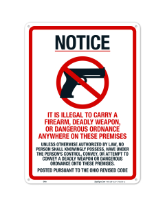 Ohio Notice It Is Illegal To Carry A Firearm Deadly Weapon Or Dangerous Ordnance Sign