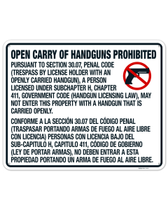 Section 30.07 Open Carry Of Handguns Prohibited Sign For Concealed Bilingual Sign