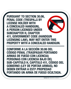 Trespass By License Holder With Concealed Handgun Prohibited Bilingual Sign