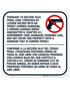 Trespass By License Holder With An Open Carry Handgun Bilingual Sign