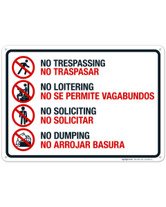 No Trespassing No Loitering No Soliciting No Dumping Bilingual Sign