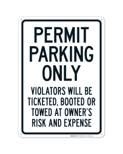 Permit Parking Only Violators Will Be Ticketed Booted Or Towed At Owner's Expense Sign