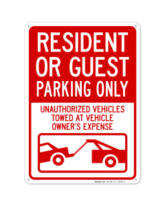 Resident Or Guest Parking Only Unauthorized Vehicles Towed At Owner With Graphic Sign