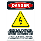 Unlawful To Operate This Equipment Within Ten Feet Sign, OSHA Danger Sign