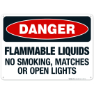Flammable Liquids No Smoking, Matches Or Open Lights Sign, OSHA Danger Sign