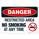 Danger Restricted Area No Smoking At Any Time Sign, OSHA Danger Sign