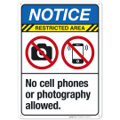 No Cell Phones Or Photography Allowed Sign, ANSI Notice Sign