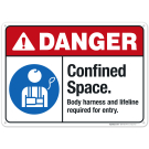 Confined Space Body Harness And Lifeline Required For Entry Sign, ANSI Danger Sign