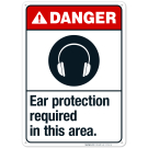 Danger Ear Protection Required In This Area, ANSI Sign, With Symbol