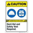Hard-Hat And Safety Vest Required Sign, ANSI Caution Sign