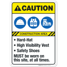 Caution Safety Gear Required At Construction Site, ANSI Sign, With Symbol, Yellow Header