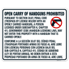 Section 30.07 Open Carry Of Handguns Prohibited Sign For Concealed Bilingual Sign