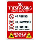 No Trespassing Private Property No Fishing No Swimming No Boating Beware Of Wildlife Sign