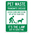 Pet Waste Leash-Curb and Clean Up After Your Dog It's the Law $25 To $200 Fine Sign